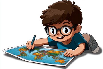 a 2D cartoon illustration of a student drawing a colorful map for geography fun and interactive white background