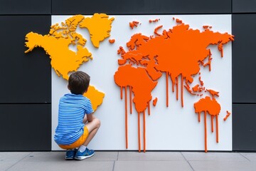 a 2D cartoon illustration of a student drawing a colorful map for geography fun and interactive white background