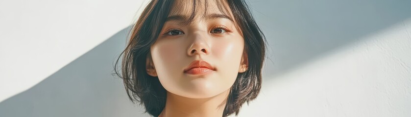 Young Asian woman with light smile, casual attire, pure white background, bright lighting, minimalistic aesthetic