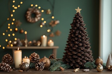 A cozy Christmas scene featuring a dark brown wool tree on a table, surrounded by candles and gold and silver decorations against a green wall with bokeh lights.