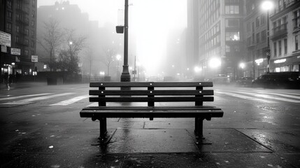 Empty Bench in Foggy Urban Setting