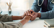 © peopleimages.com - Holding hands, doctor and support with counseling, healthcare and empathy of person at medical consultation. Hospital, wellness and clinic office with help, advice and kindness for rehabilitation