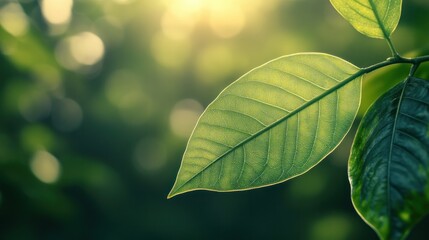 Wall Mural - Green leaf on blurred greenery with sunlight. Emphasizes nature's simplicity and beauty. Serene botanical view.