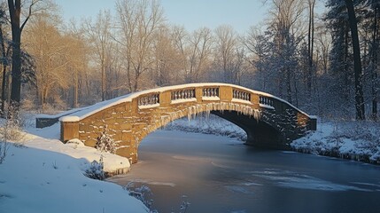 Poster - A picturesque stone bridge spans a quiet river, adorned with snow and icicles, surrounded by frost-covered trees on a serene winter day.