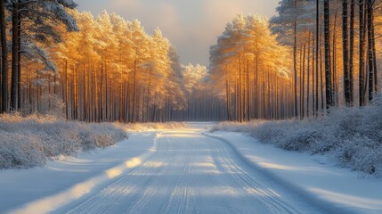 Poster - A beautiful winter evening reveals a snow-covered road flanked by pine trees. The golden sun casts a warm glow on the frosty branches, creating a tranquil atmosphere.