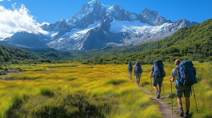 Poster - A group of hikers navigates a vibrant green valley with stunning views of majestic snow-covered mountains under a clear blue sky, enjoying a perfect day outdoors.