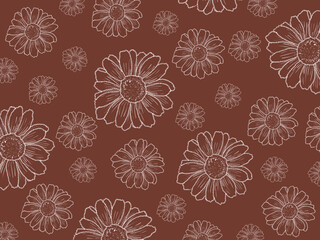 High-quality seamless floral pattern featuring brown line art daisies. hand drawn illustration for background