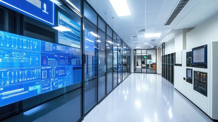 Poster - futuristic data center with advanced technology displays and network management systems