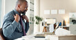 © peopleimages.com - Healthcare, laptop and stethoscope with doctor black man in office of hospital for medical research. Computer, review and smile of mature medicine professional at desk in clinic for cardiology