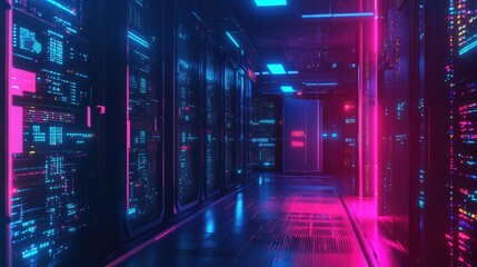 Poster - Futuristic data center a glimpse into the heart of modern computing with neon lights and high-tech infrastructure