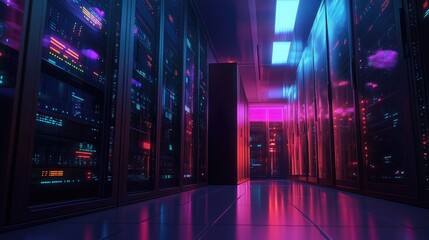 Poster - Futuristic data center featuring neon lights and advanced technology infrastructure