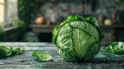 Wall Mural - Bright green kale leaf freshly cut, sitting in a wooden table with other vegetables.