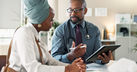 Aufkleber - Conversation, healthcare or tablet with doctor and patient in office of hospital for consulting or insurance. Explain, medical and tech with medicine professional man speaking to person in clinic