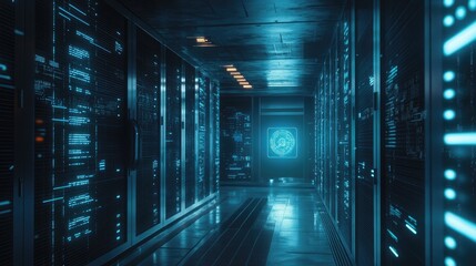 Poster - Futuristic data center with neon blue lighting and advanced technology infrastructure
