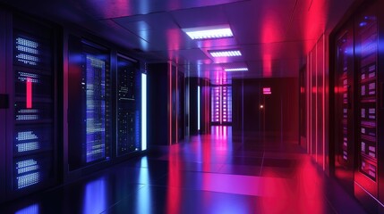 Poster - Exploring the futuristic aesthetics of a neon-lit data center a glimpse into advanced technology environments