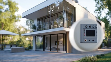 Poster - Modern smart home with innovative control panel surrounded by nature's beauty