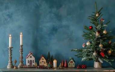 A decorative shelf showcasing candles, charming Christmas decorations, and small houses in front of an empty blue wall; adjacent to the table, a Christmas tree adds a seasonal touch