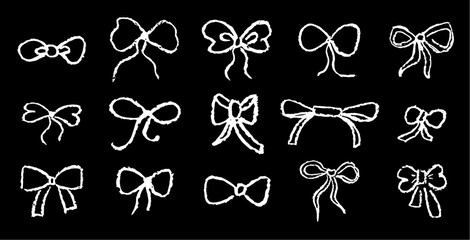 Poster - Set of bows drawing by pastel or charcoal pencil. White chalk bow gift ribbon line simple element on black chalkboard background. Like children's drawing bowknot collection. Vector illustration
