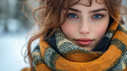 Close up of woman wearing warm plaid scarf in winter scenery