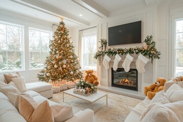 Beautifully decorated living room with white walls, a large Christmas tree adorned with lights, stockings on the fireplace, and plush teddy bears, creating a warm and inviting holiday atmosphere.