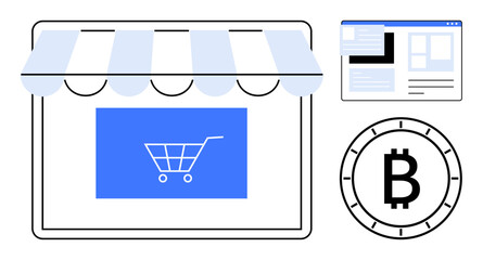 E-commerce symbols including a storefront awning with a shopping cart icon, a digital interface screen, and a Bitcoin coin. Ideal for online retail, digital transactions, cryptocurrency, fintech, web