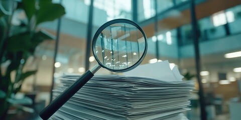 Abstract Creative Design Featuring a Magnifying Glass Hovering Over a Pile of Documents in an Office Setting, Symbolizing Detailed Inspection and Investigation. The Blurred Office Window in the Backgr