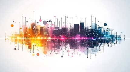 Poster - Abstract cityscape with colorful lights and digital elements reflecting in water.