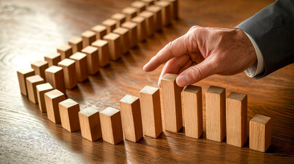 Wall Mural - strategic growth: hand arranging wooden blocks to form an upward trending bar graph, symbolizing bus