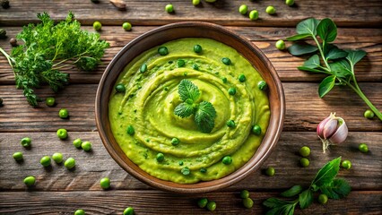 A bowl of creamy green pea soup garnished with fresh mint leaves and whole peas, resting on a rustic wooden surface, surrounded by scattered peas and sprigs of herbs.