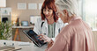 © peopleimages.com - Tablet, doctor and senior woman with brain scan results, consultation or healthcare discussion in office. Advice, elderly patient and medical professional with MRI on digital app for Alzheimer exam