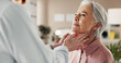 © peopleimages.com - Office, lymph and old woman in consultation with doctor for medical health at senior care clinic. Throat, neck and elderly patient with healthcare professional for cancer check up, advice or exam