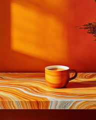 A stylish coffee cup on a marble table, A cozy coffee cup rests on a vibrant orange surface, illuminated by soft sunlight, creating a warm and inviting atmosphere.