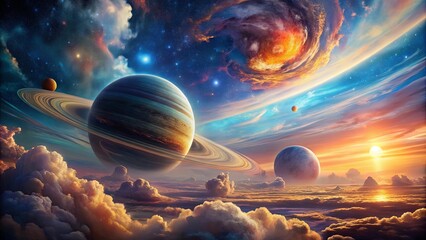 Wall Mural - a celestial tapestry woven with vibrant nebulas, swirling galaxies, and distant planets, showcasing 