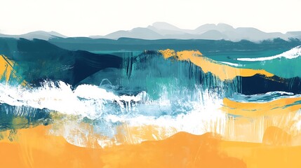 Poster - Abstract watercolor landscape with blue, green, white, and yellow brushstrokes.