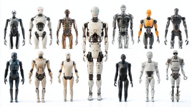 Different types of AI robots with robotic limbs and various designs isolated on white
