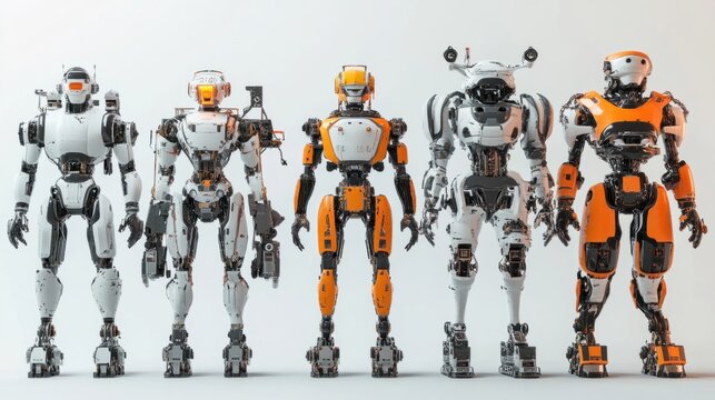 Different types of AI robots with robotic limbs and various designs isolated on white