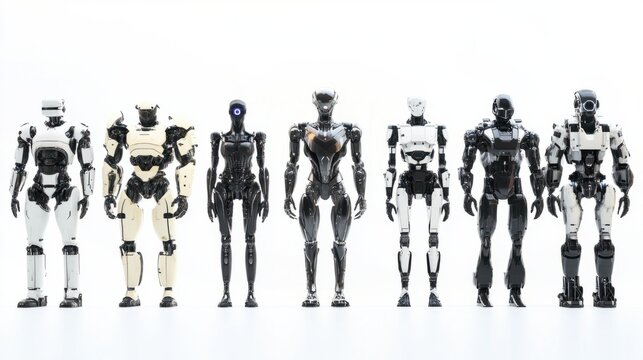 Different types of AI robots with robotic limbs and various designs isolated on white