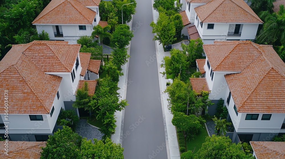 Aerial view of modern houses and lush greenery, showcasing peaceful ...