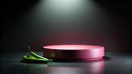 A Minimalist Display of a Pink Circular Pedestal with Two Green Peppers Under a Focused Light Source