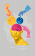 © Solarisys - Contemporary art collage, design. Abstract hand near human head, working with mental issues. Psychiatrist. Concept of medical assistance, treatment, mental treatment