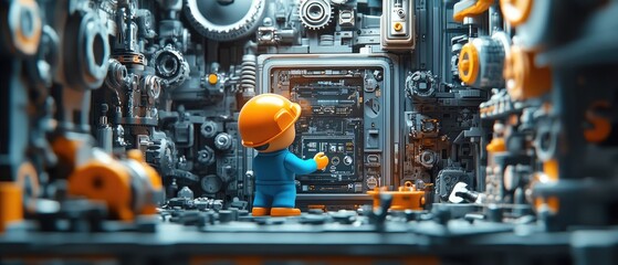 A small toy worker stands in front of a large, complex machine made of gears, wheels, and other mechanical parts.