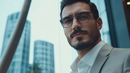 Portrait of a young businessman wearing eyeglasses, confidently standing outside a conference room, looking at the camera with a satisfied smile in a modern office setting, with copy space for text