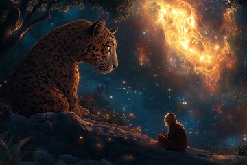 Wall Mural - a child sits beside a giant leopard under a cosmic sky filled with stars and a nebula.