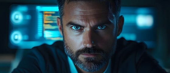 Aufkleber - Intense portrait of a man in front of a digital screen, exuding focus and determination.