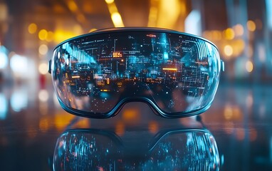 Poster - Futuristic glasses reflecting a digital cityscape, symbolizing advanced technology.