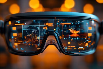 Fototapete - Futuristic augmented reality glasses displaying digital interfaces and data overlays.