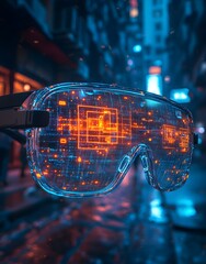 Poster - Futuristic glasses displaying digital data in a neon-lit urban environment.