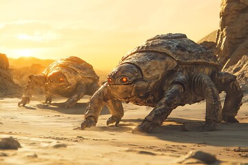 Wall Mural - two robotic turtles with glowing eyes traversing a sandy landscape at sunset.