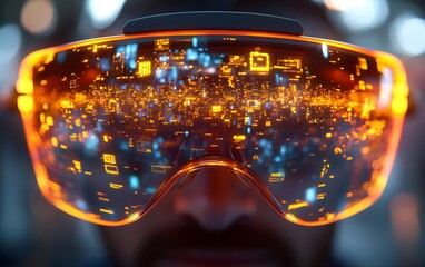 Fototapete - Futuristic glasses reflecting digital data and technology concepts.