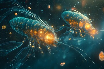 Wall Mural - two bioluminescent organisms floating in a cosmic environment.